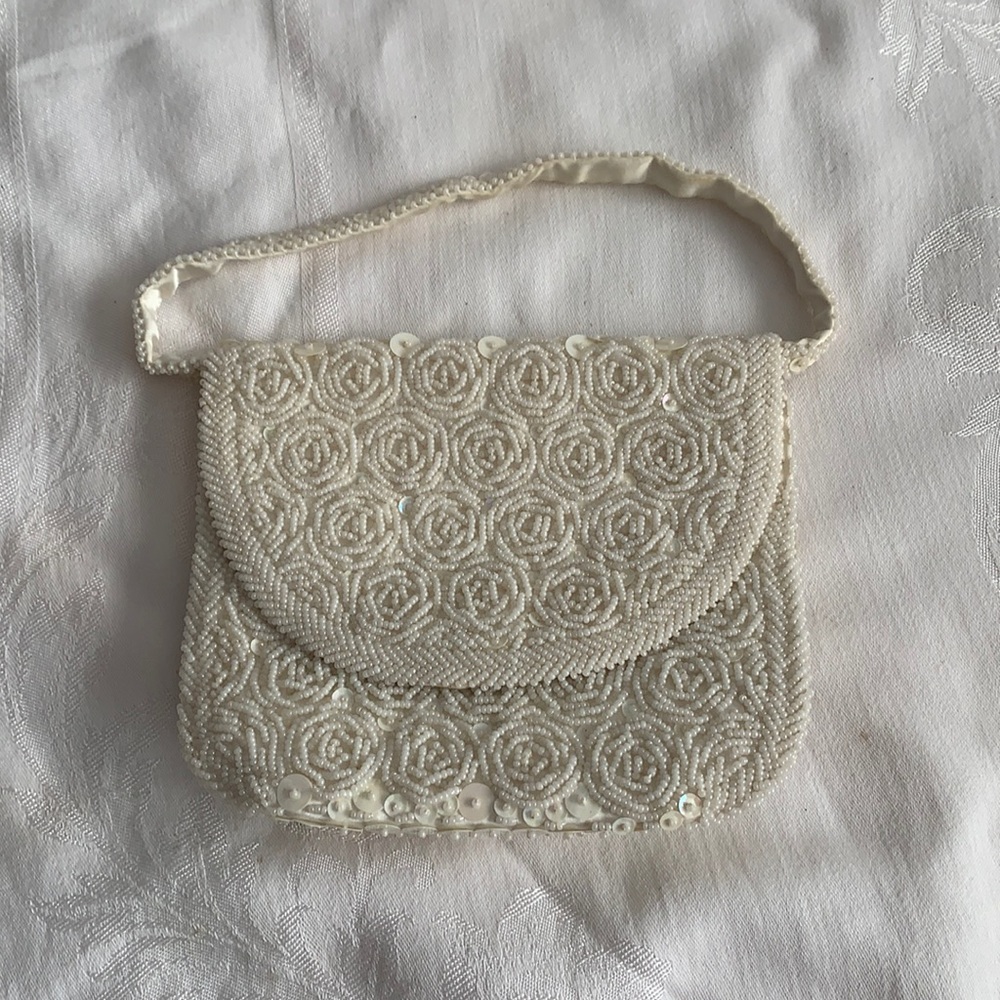 White beaded evening bag satin with opalescent beads In a Rose pattern
